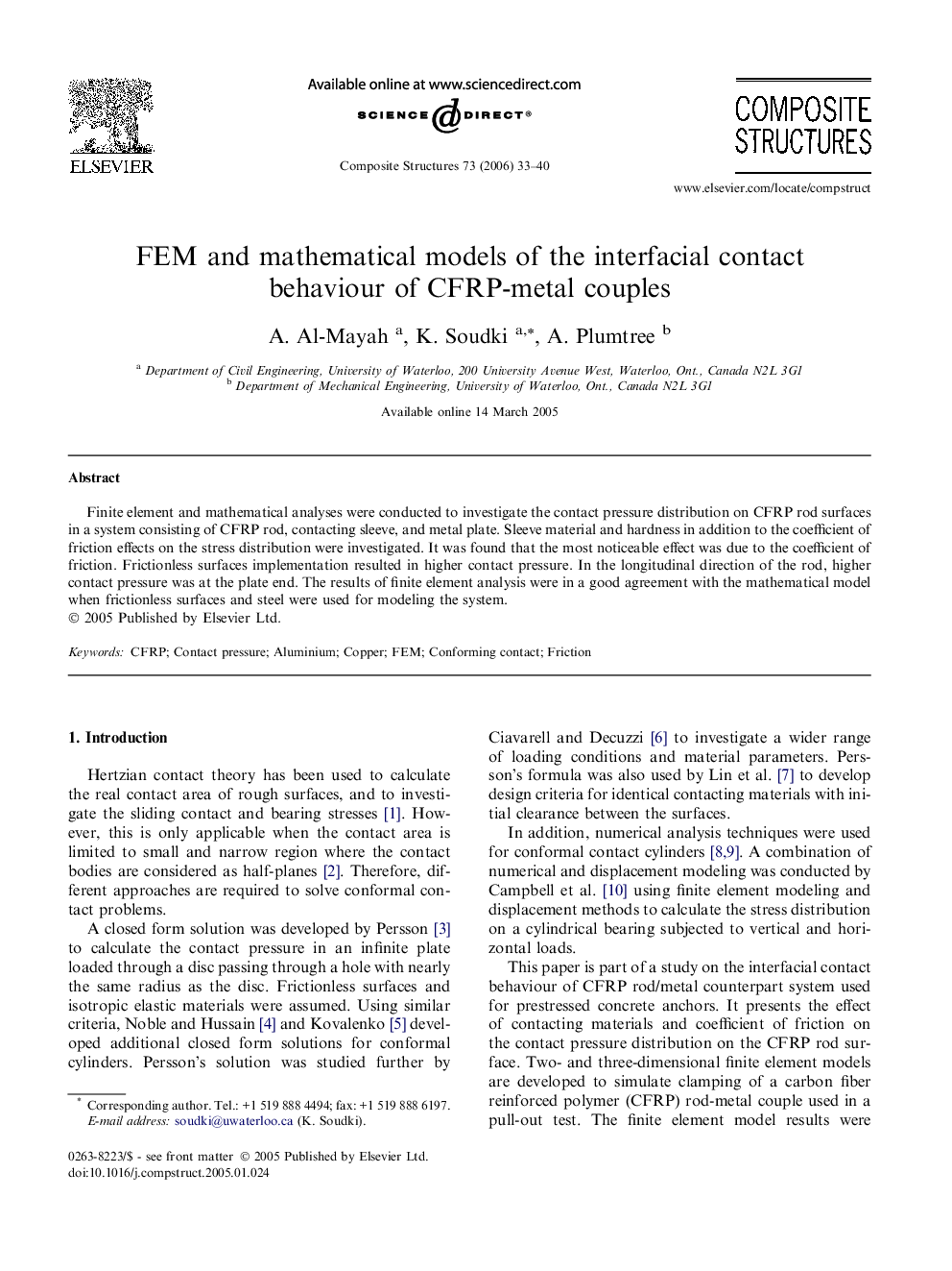 FEM and mathematical models of the interfacial contact behaviour of CFRP-metal couples