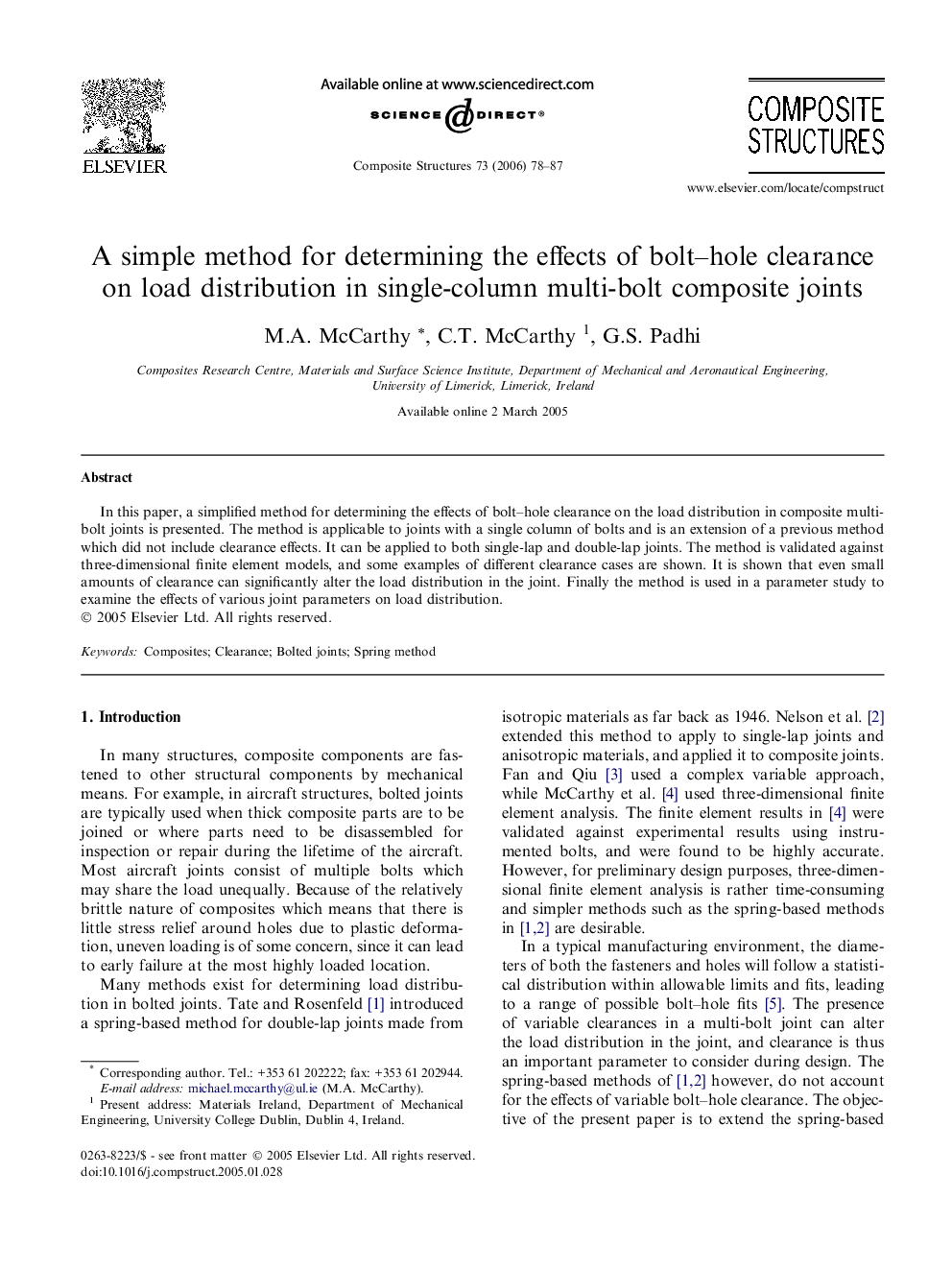 A simple method for determining the effects of bolt–hole clearance on load distribution in single-column multi-bolt composite joints