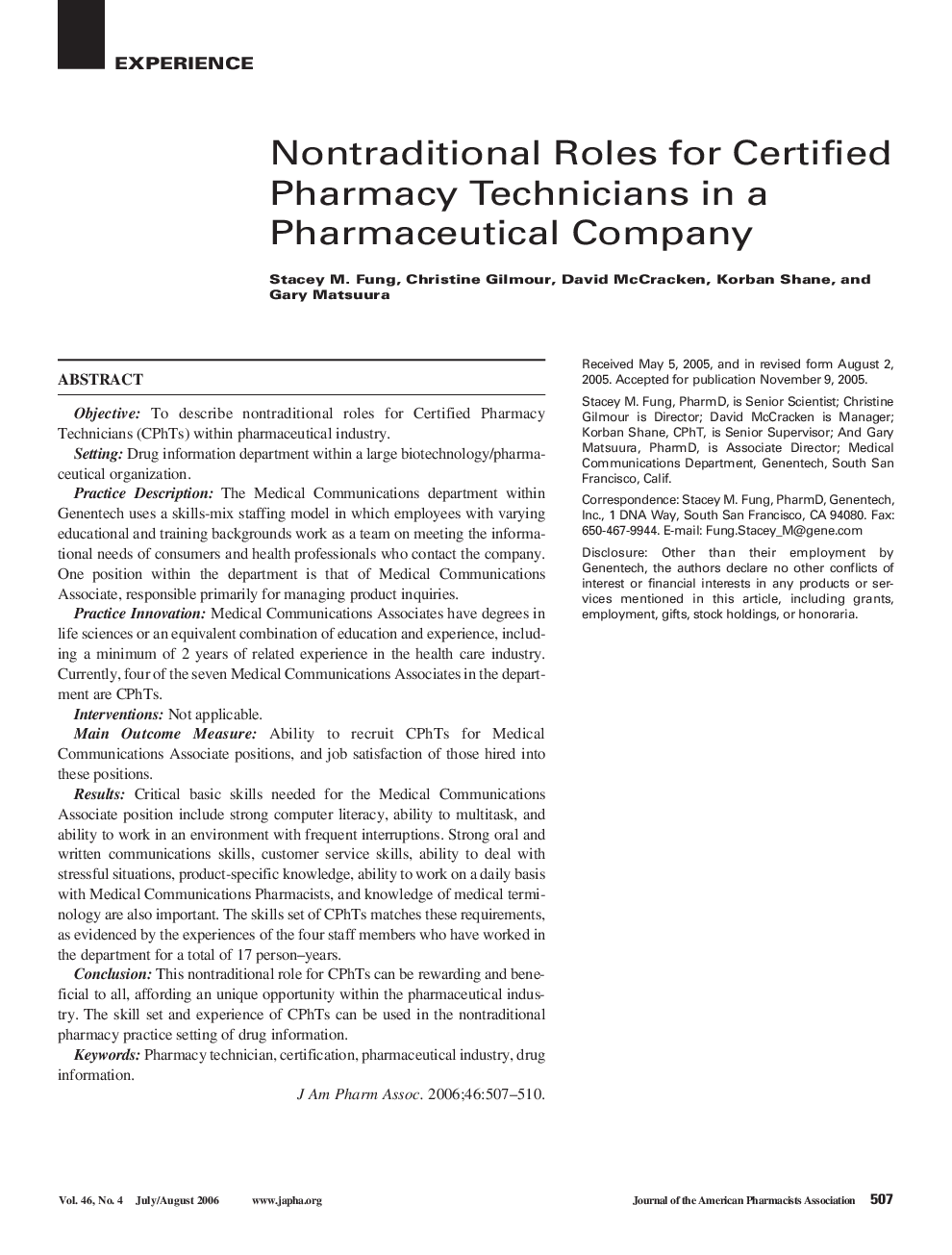 Nontraditional Roles for Certified Pharmacy Technicians in a Pharmaceutical Company