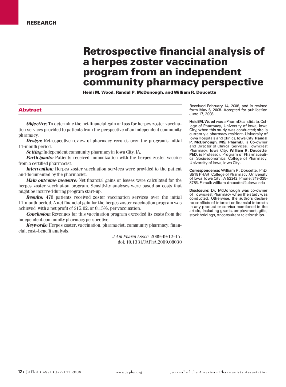 Retrospective financial analysis of a herpes zoster vaccination program from an independent community pharmacy perspective