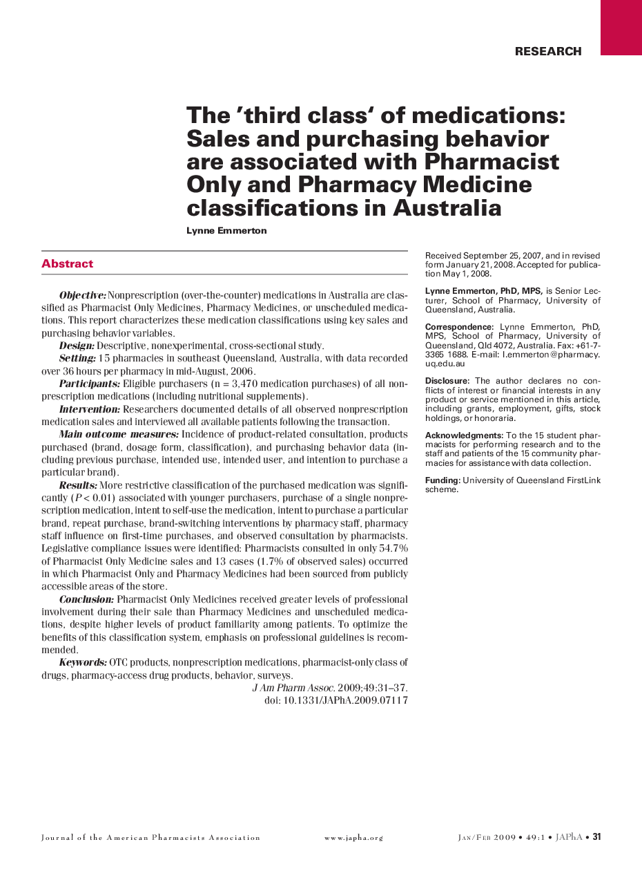 The 'third class' of medications: Sales and purchasing behavior are associated with Pharmacist Only and Pharmacy Medicine classifications in Australia