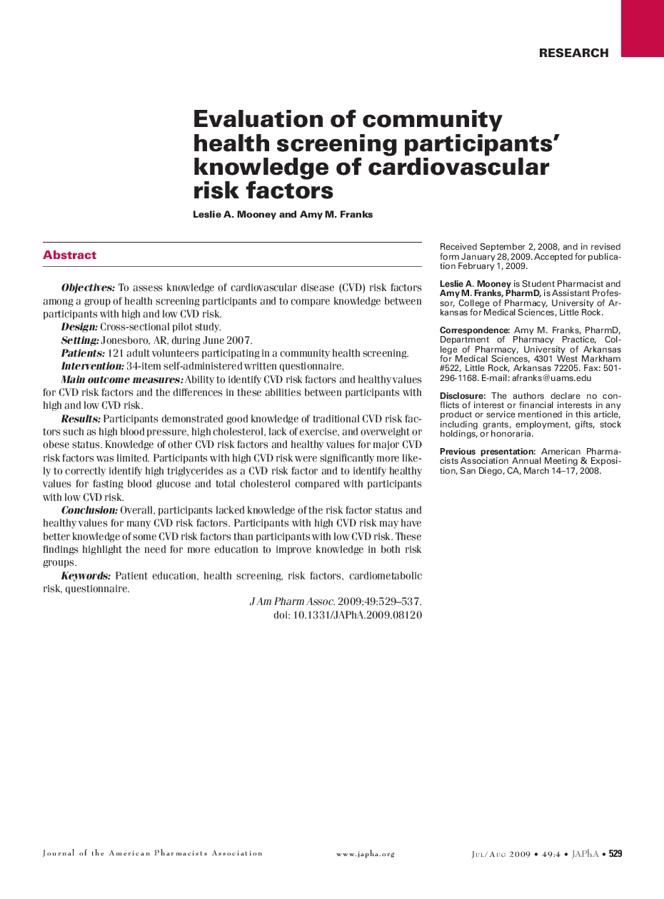 Evaluation of community health screening participants' knowledge of cardiovascular risk factors