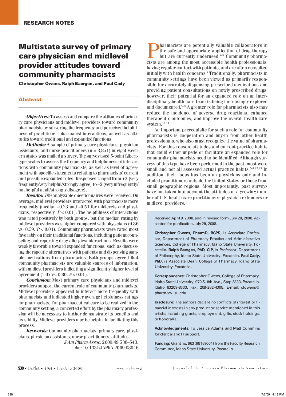 Multistate survey of primary care physician and midlevel provider attitudes toward community pharmacists