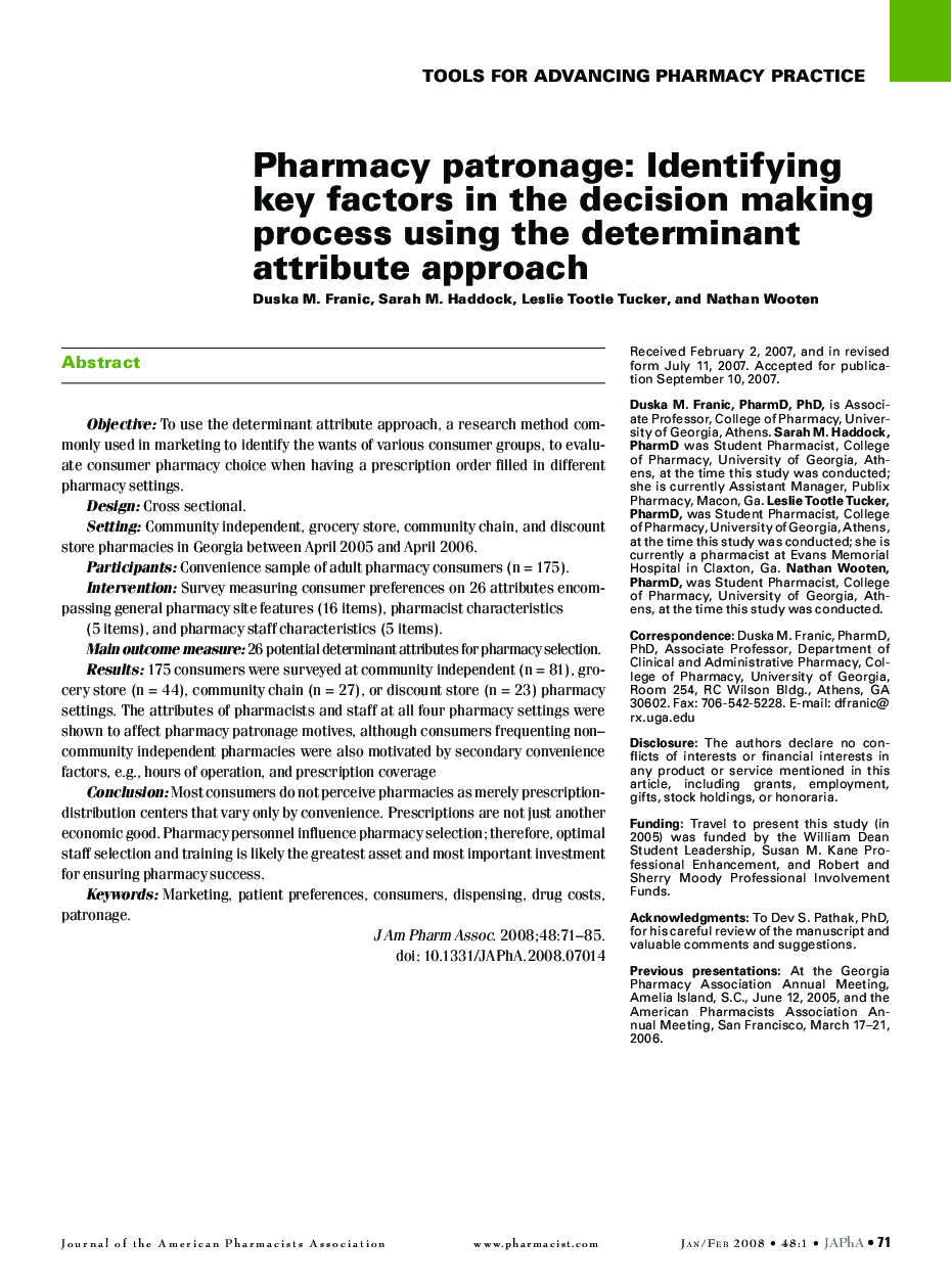 Pharmacy patronage: Identifying key factors in the decision making process using the determinant attribute approach