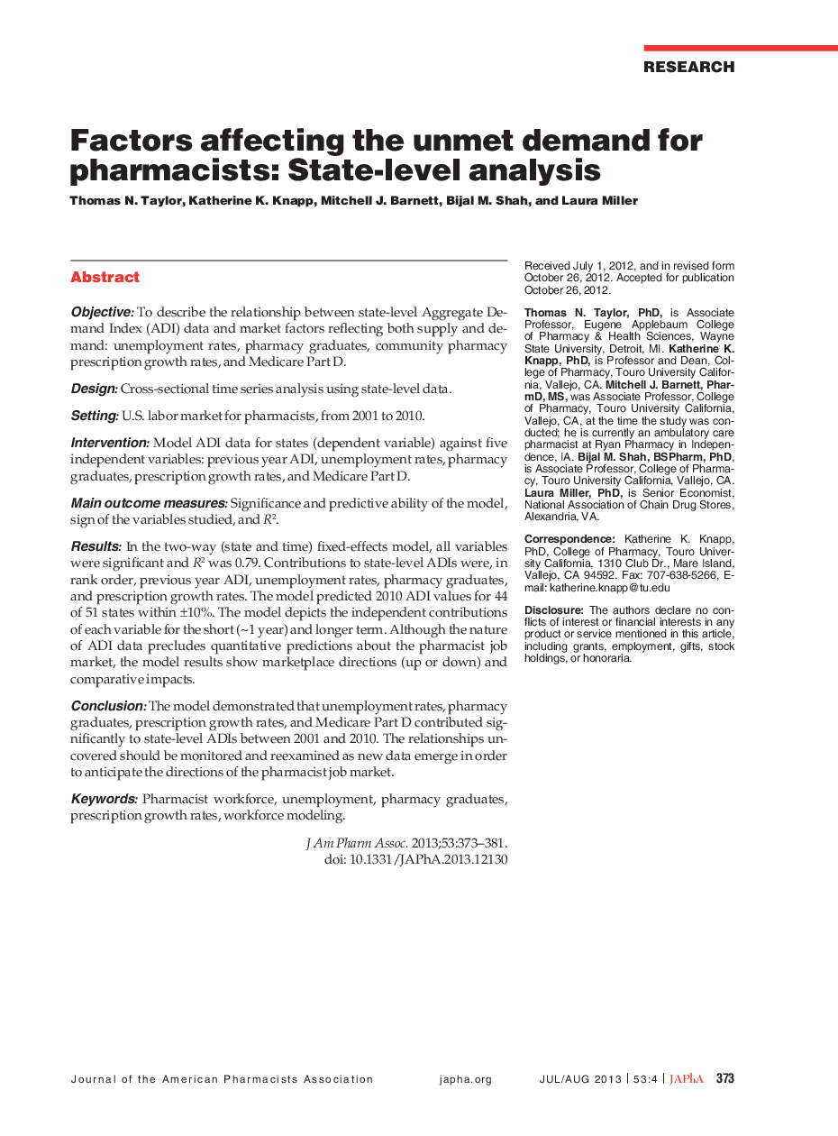 Factors affecting the unmet demand for pharmacists: State-level analysis