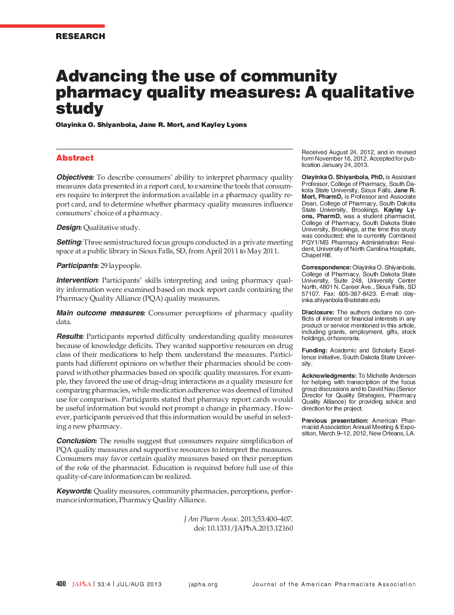 Advancing the use of community pharmacy quality measures: A qualitative study
