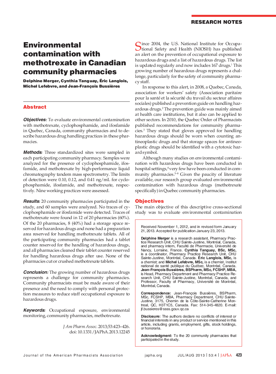 Environmental contamination with methotrexate in Canadian community pharmacies