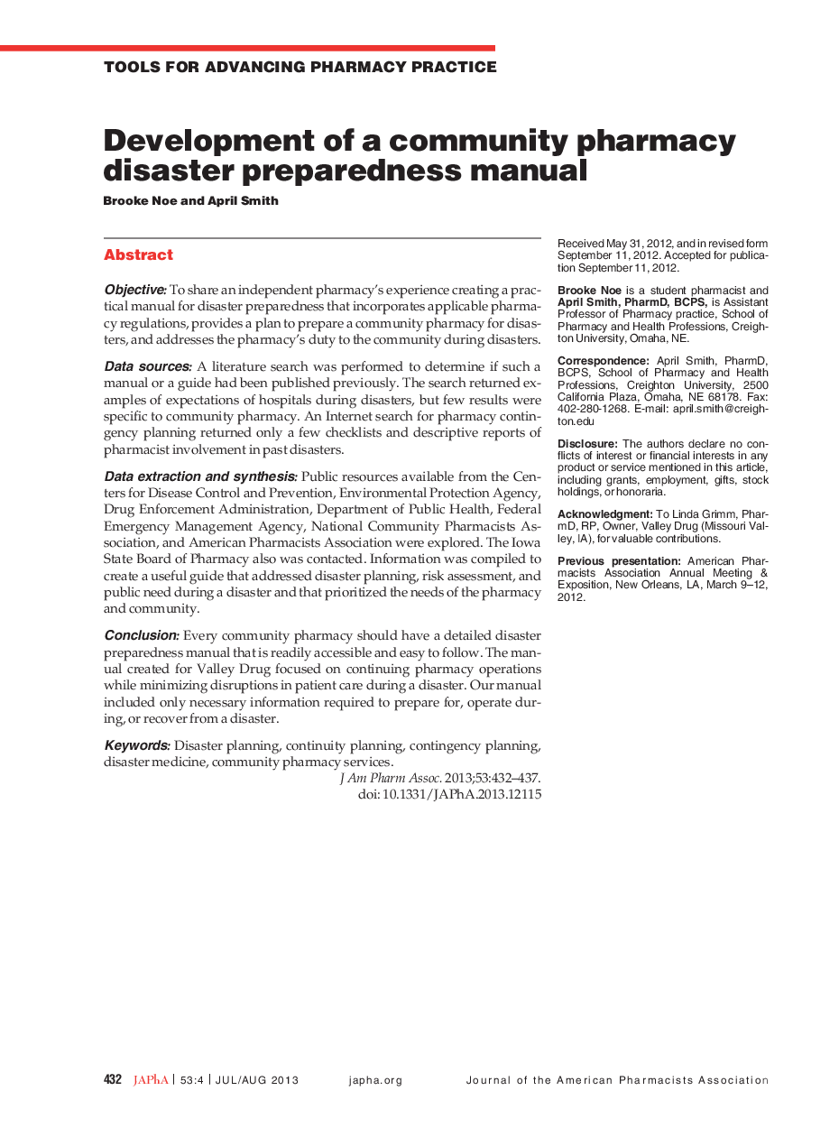 Development of a community pharmacy disaster preparedness manual