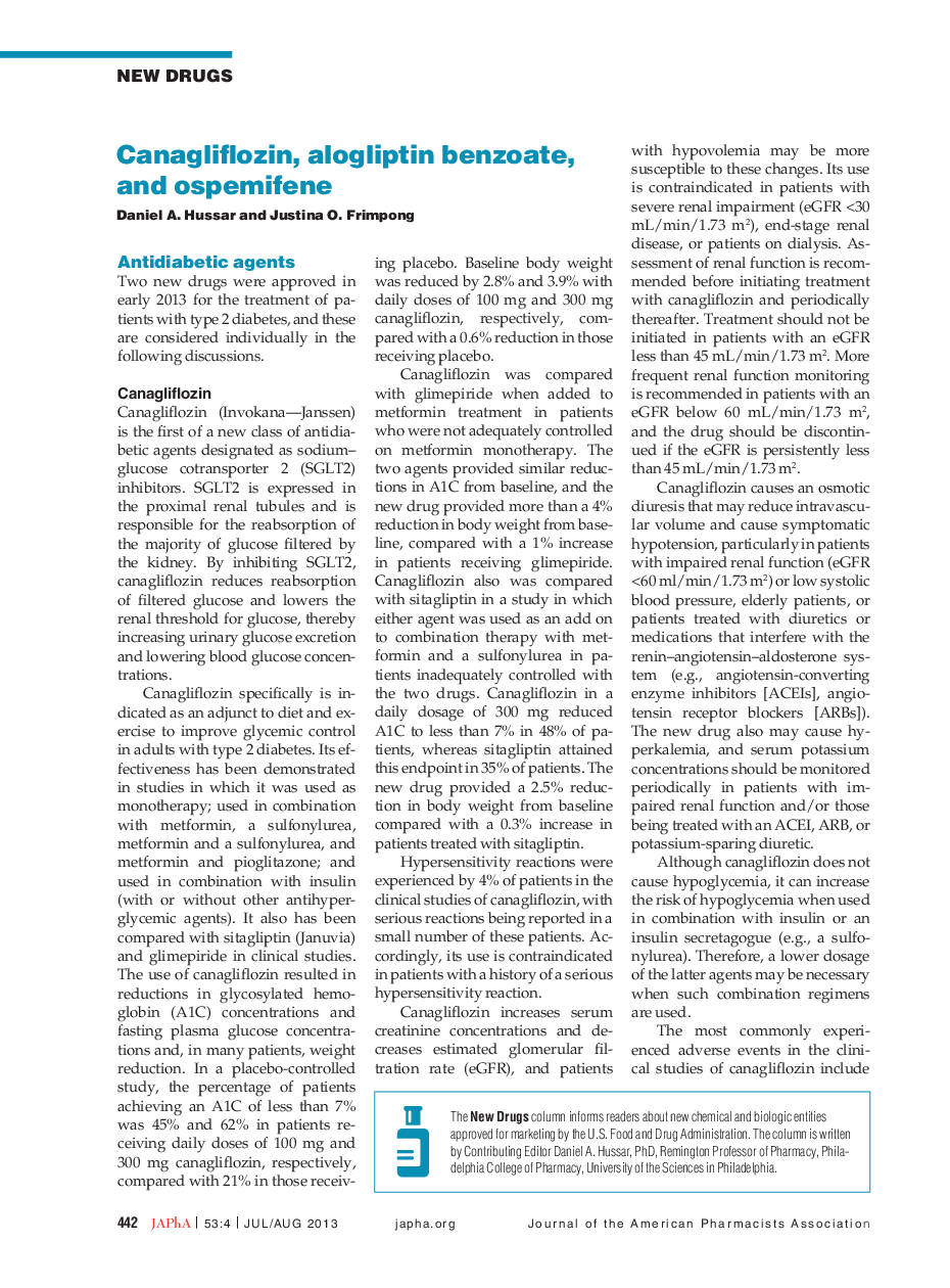 Canagliflozin, alogliptin benzoate, and ospemifene