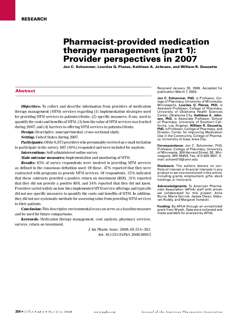 Pharmacist-provided medication therapy management (part 1): Provider perspectives in 2007