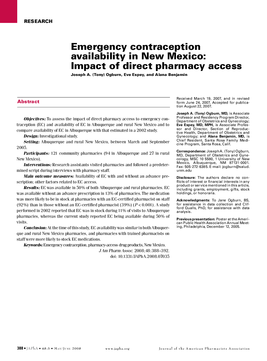 Emergency contraception availability in New Mexico: Impact of direct pharmacy access