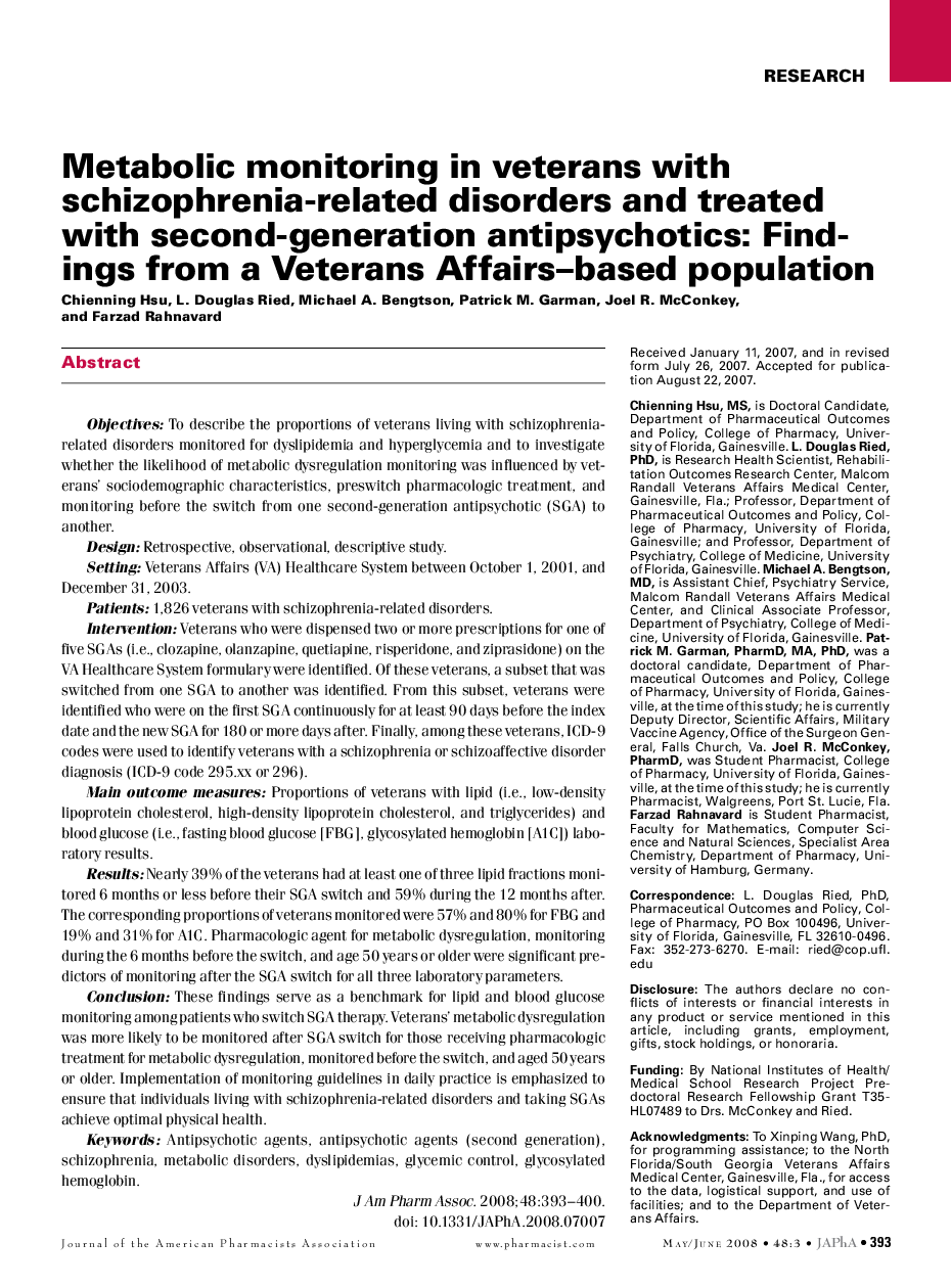 Metabolic monitoring in veterans with schizophrenia-related disorders and treated with second-generation antipsychotics: Findings from a Veterans Affairs-based population