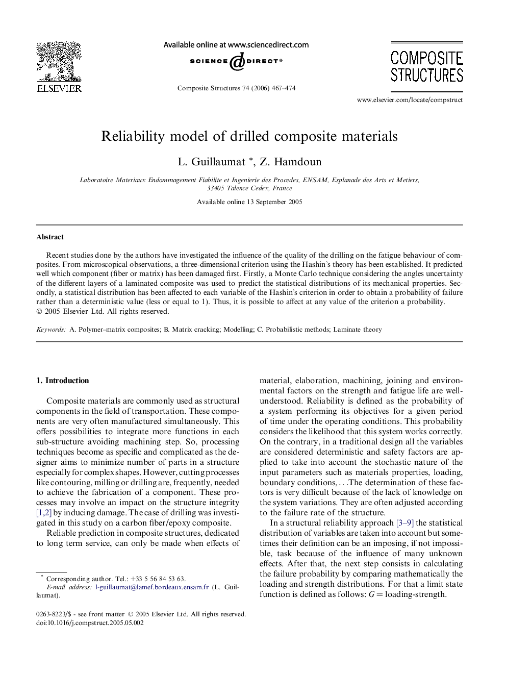 Reliability model of drilled composite materials