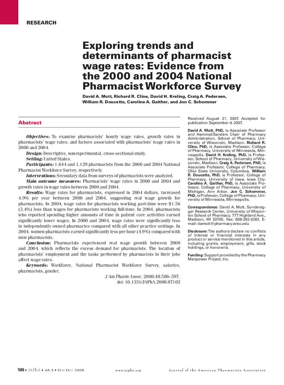عکس صفحه اول مقاله: Exploring trends and determinants of pharmacist wage rates: Evidence from the 2000 and 2004 National Pharmacist Workforce survey Exploring trends and determinants of pharmacist wage rates: Evidence from the 2000 and 2004 National Pharmacist Workforce survey