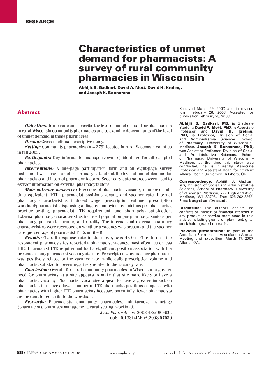 Characteristics of unmet demand for pharmacists: A survey of rural community pharmacies in Wisconsin