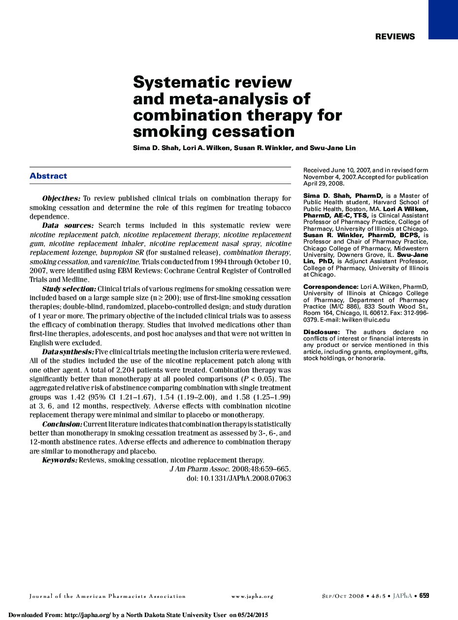 Systematic review and meta-analysis of combination therapy for smoking cessation