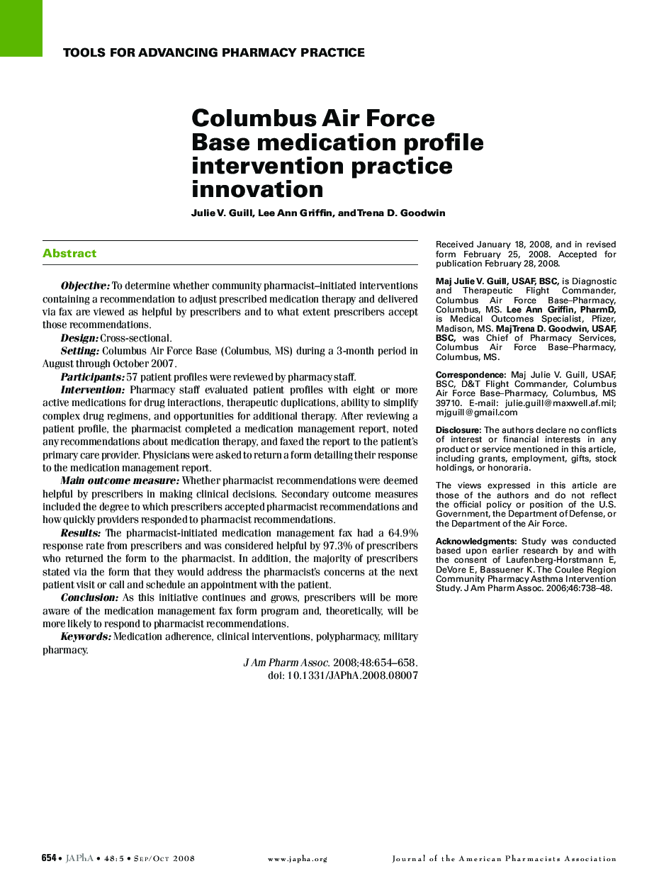 Columbus Air Force Base medication profile intervention practice innovation