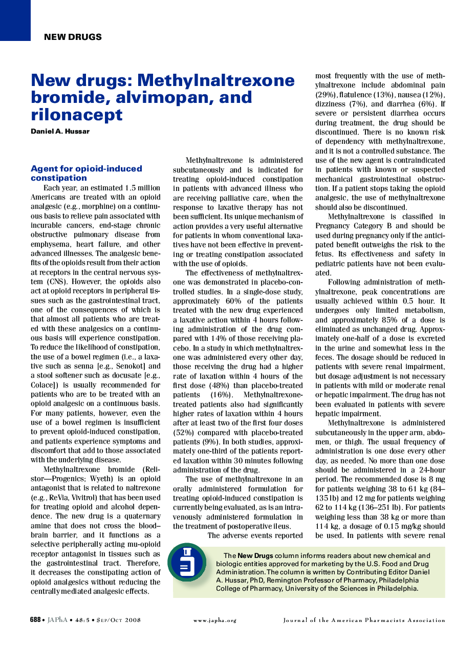 عکس صفحه اول مقاله: New drugs: Methylnaltrexone bromide, alvimopan, and rilonacept New drugs: Methylnaltrexone bromide, alvimopan, and rilonacept