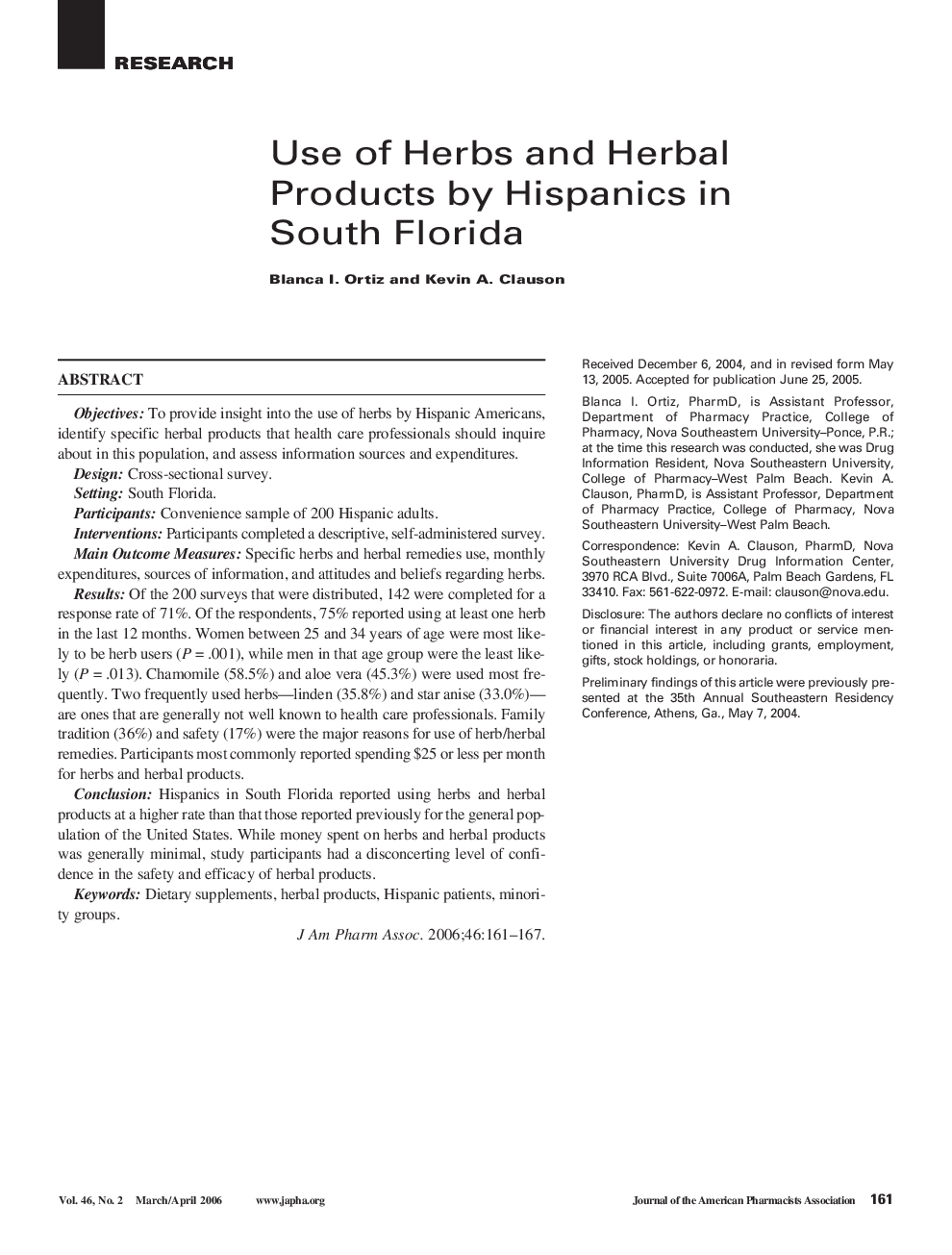 Use of Herbs and Herbal Products by Hispanics in South Florida