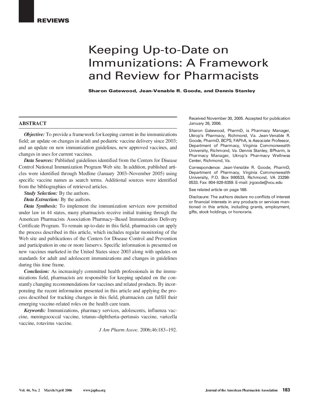 Keeping Up-to-Date on Immunizations: A Framework and Review for Pharmacists
