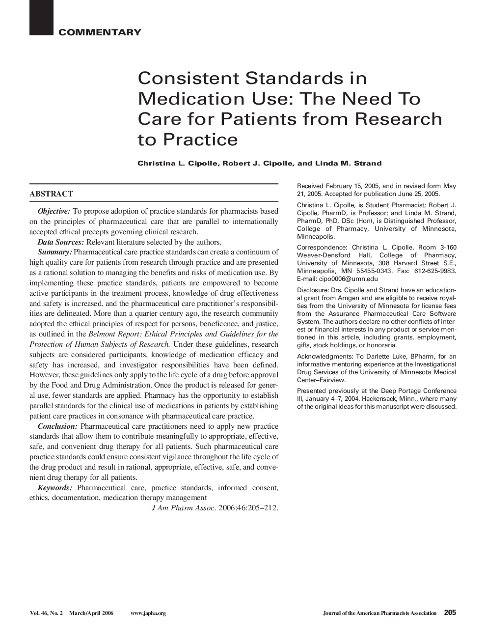 Consistent Standards in Medication Use: The Need to Care for Patients from Research to Practice