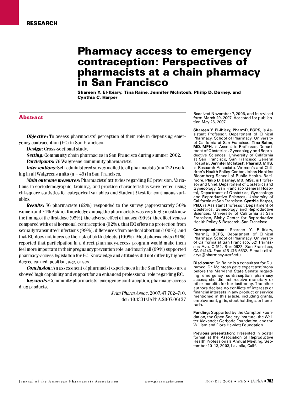 Pharmacy access to emergency contraception: Perspectives of pharmacists at a chain pharmacy in San Francisco