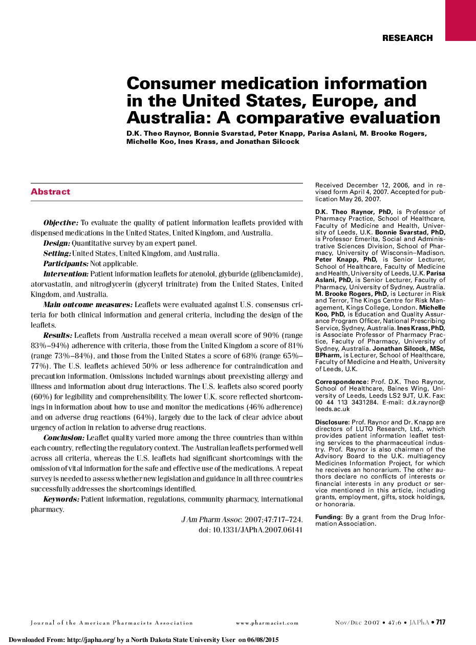 Consumer medication information in the United States, Europe, and Australia: A comparative evaluation