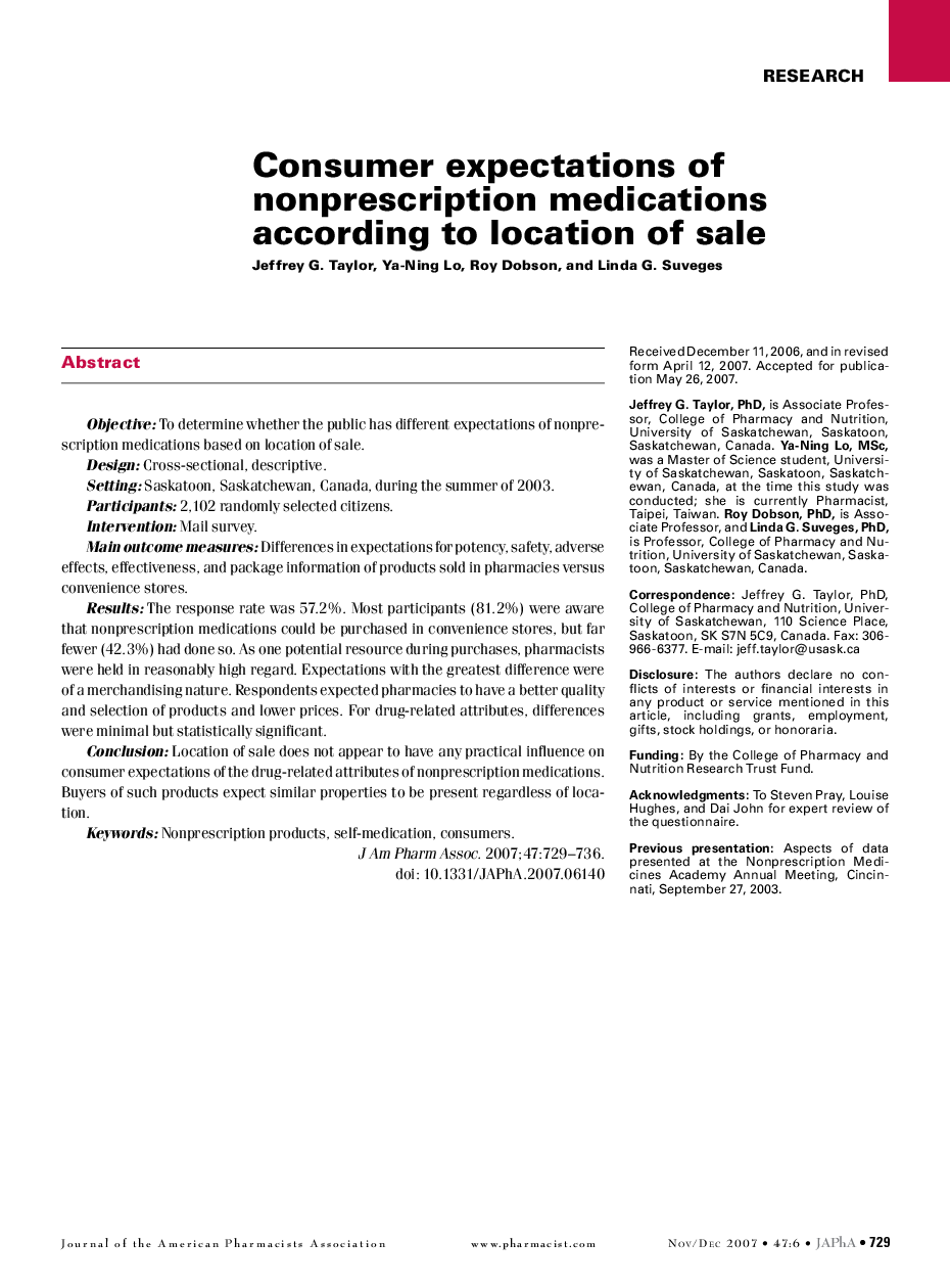 Consumer expectations of nonprescription medications according to location of sale