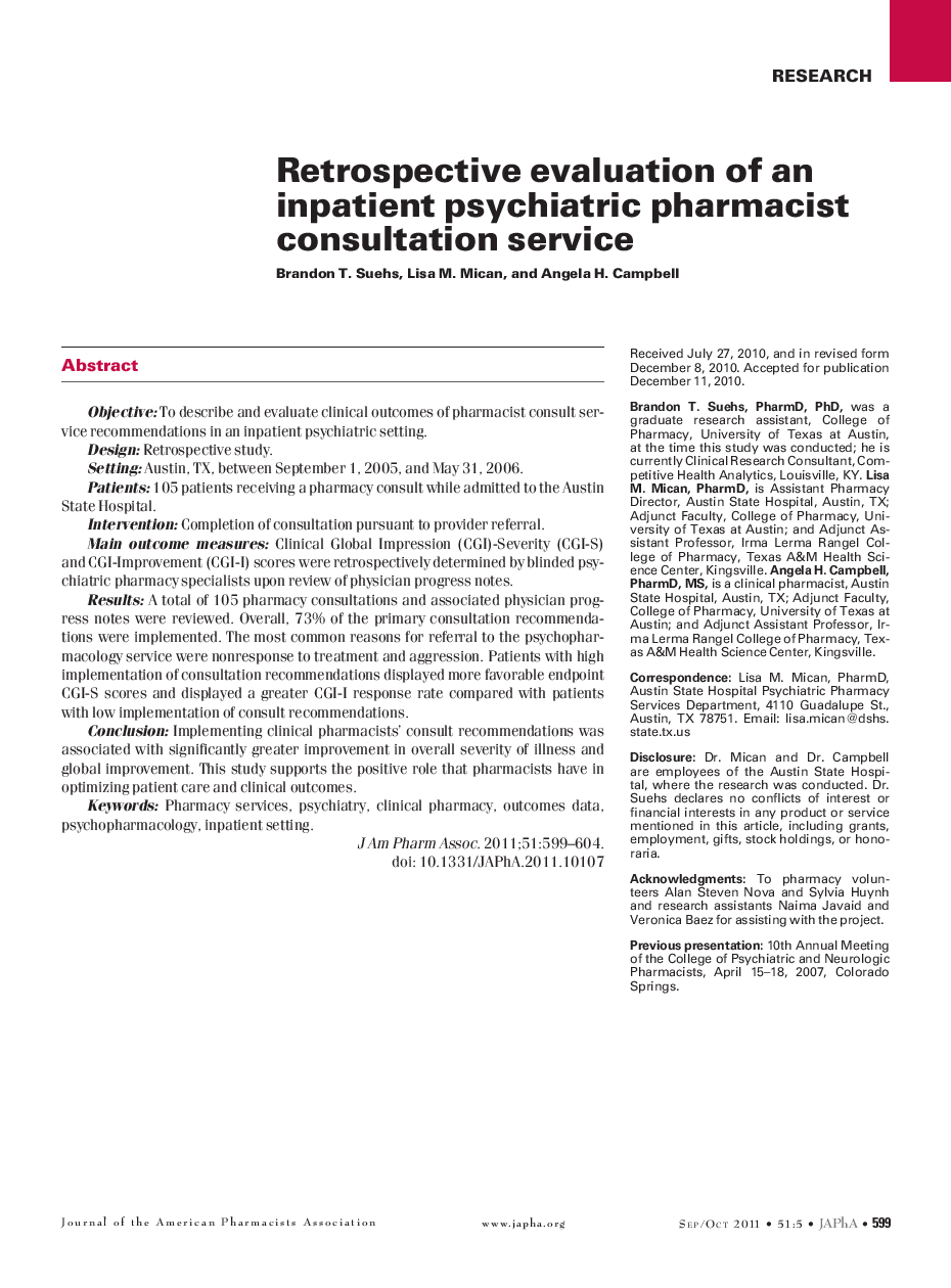 Retrospective evaluation of an inpatient psychiatric pharmacist consultation service