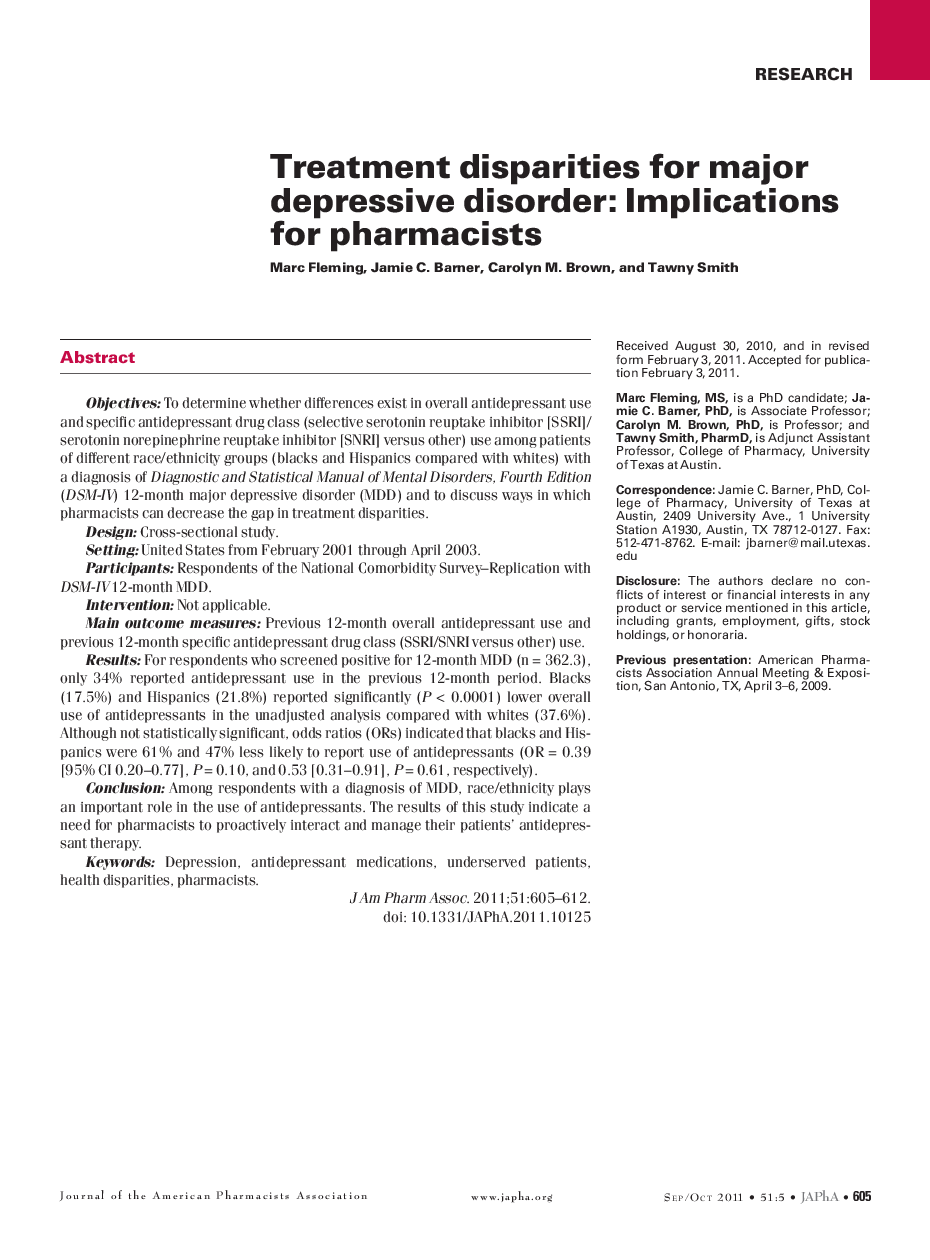 Treatment disparities for major depressive disorder: Implications for pharmacists