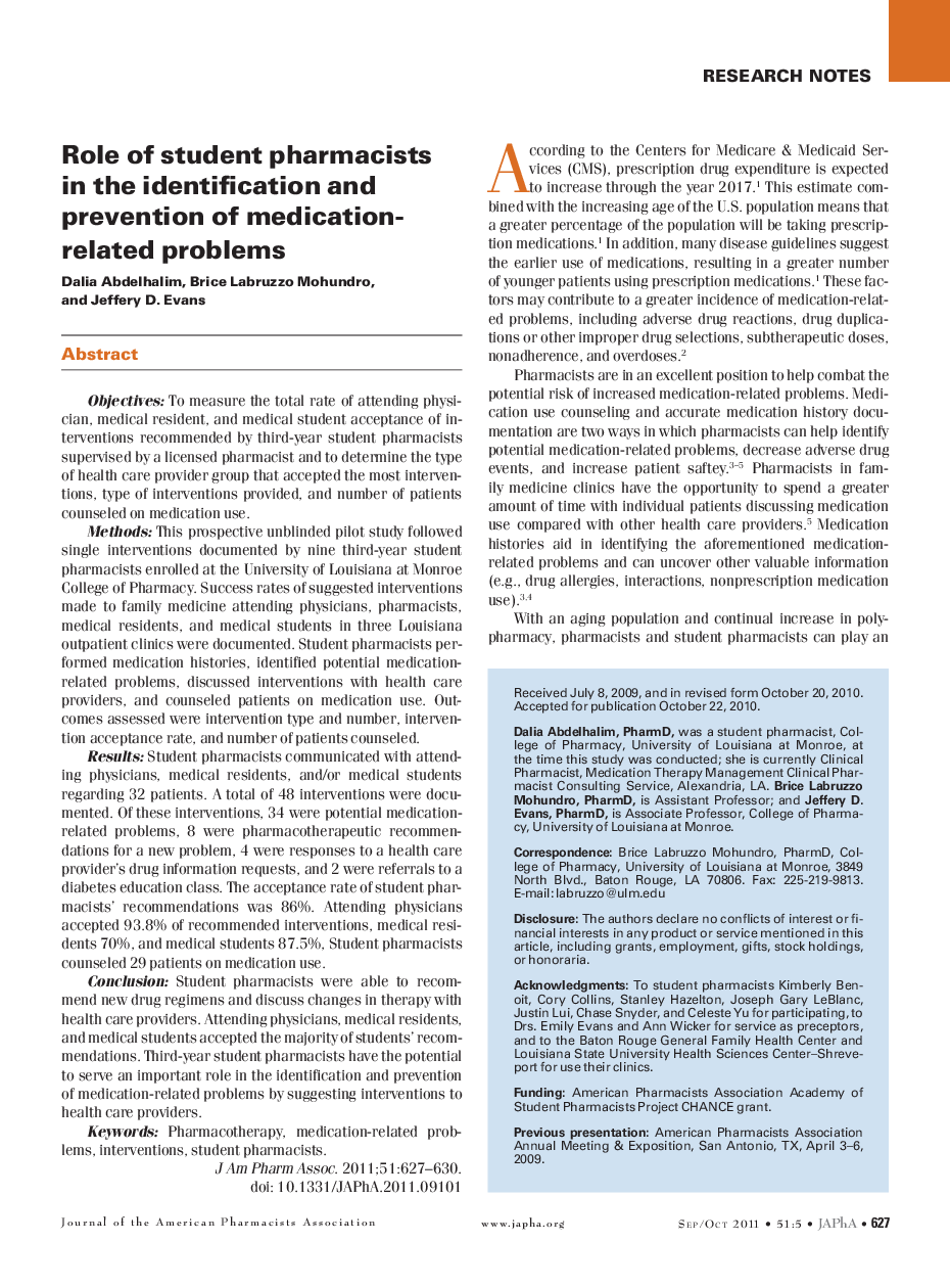 Role of student pharmacists in the identification and prevention of medication-related problems