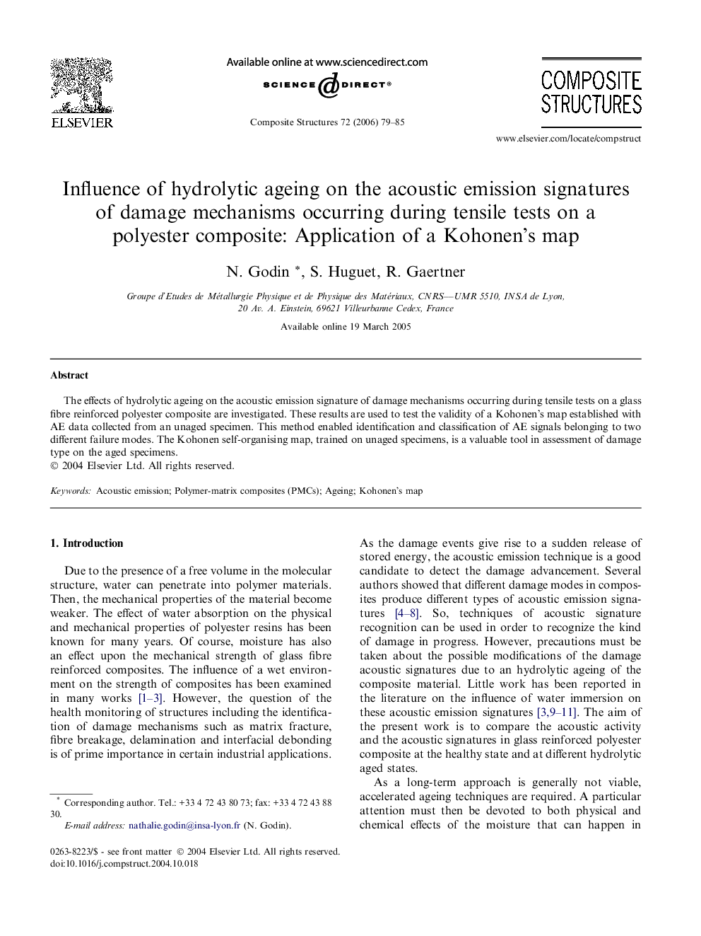 Influence of hydrolytic ageing on the acoustic emission signatures of damage mechanisms occurring during tensile tests on a polyester composite: Application of a Kohonen’s map