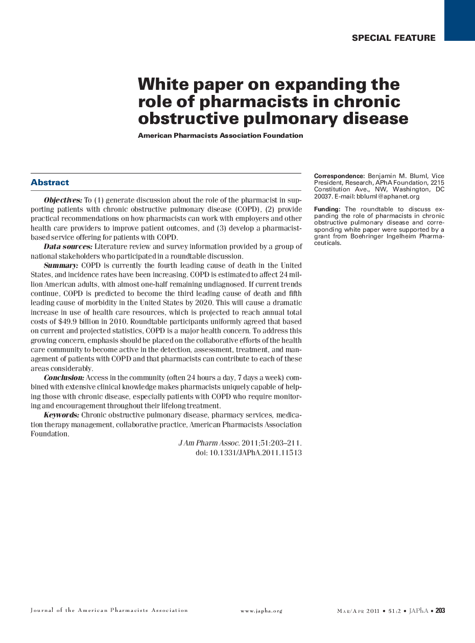 White paper on expanding the role of pharmacists in chronic obstructive pulmonary disease