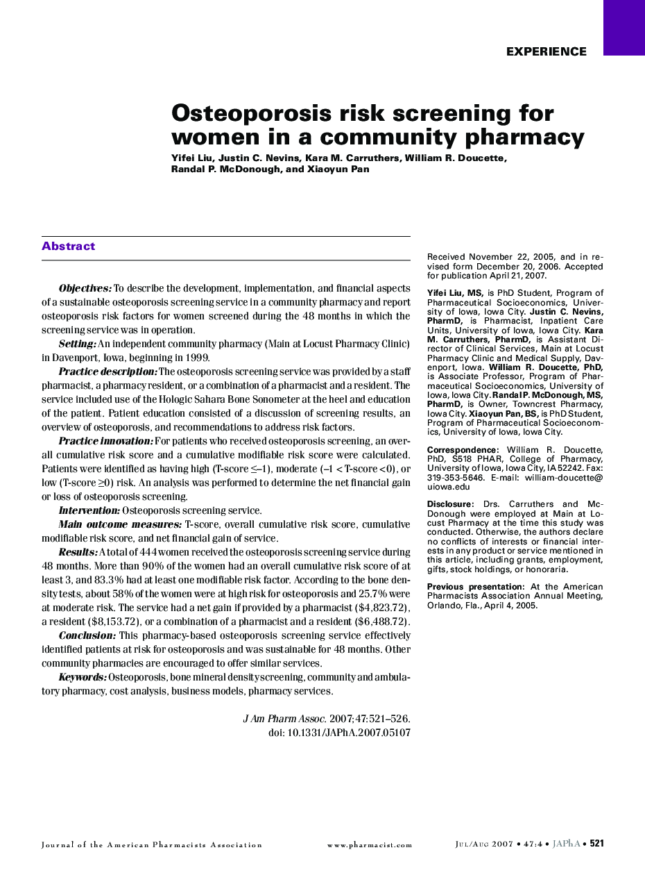 Osteoporosis risk screening for women in a community pharmacy
