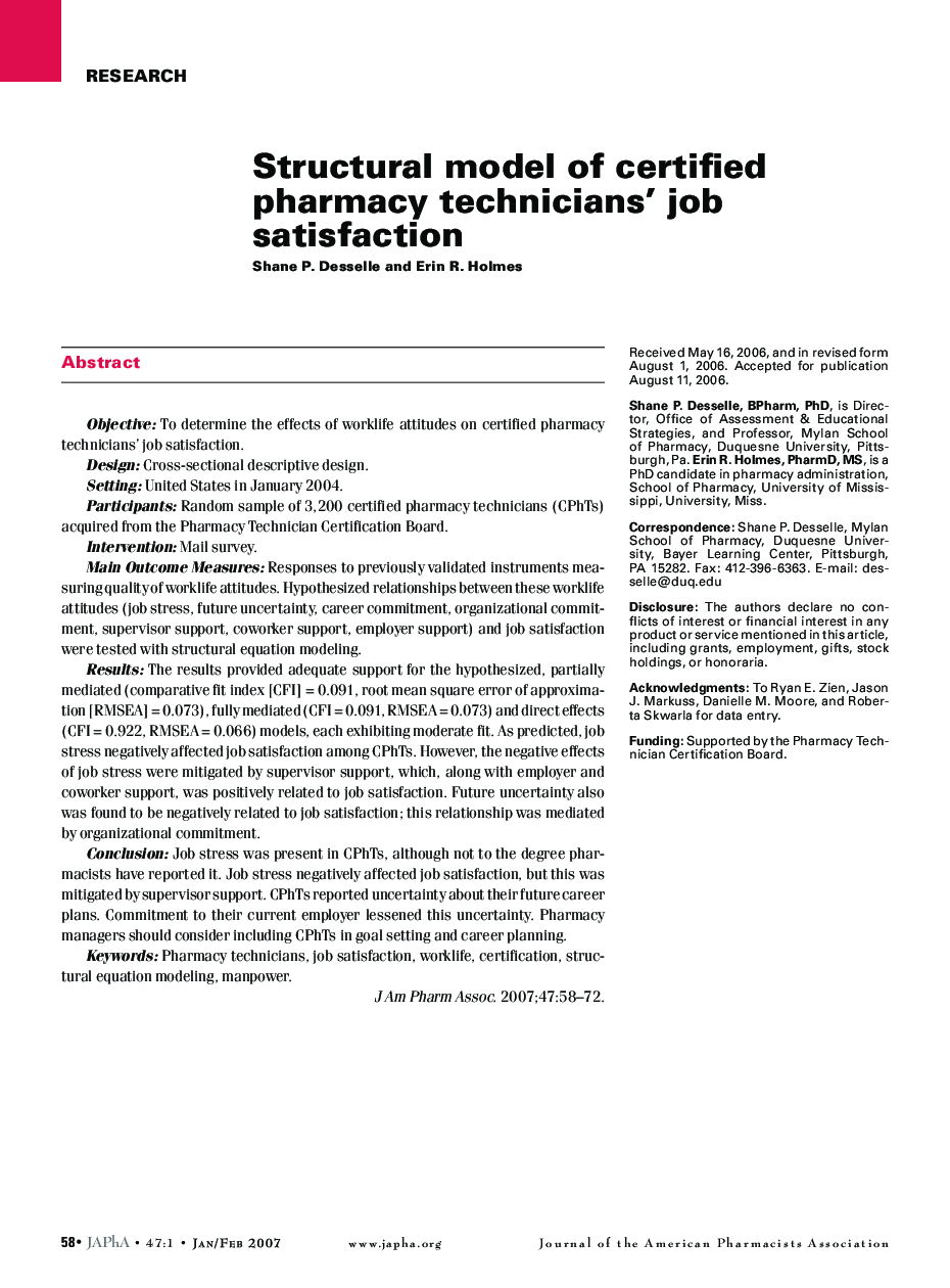 Structural model of certified pharmacy technicians' job satisfaction