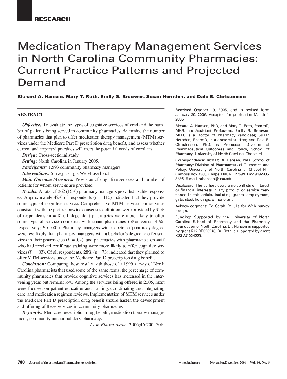 Medication Therapy Management Services in North Carolina Community Pharmacies: Current Practice Patterns and Projected Demand