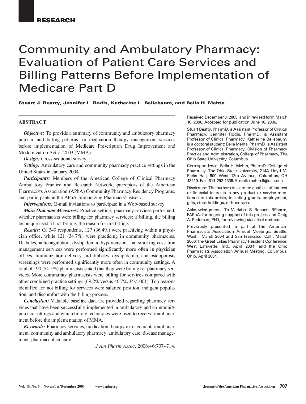 Community and Ambulatory Pharmacy: Evaluation of Patient Care Services and Billing Patterns Before Implementation of Medicare Part D