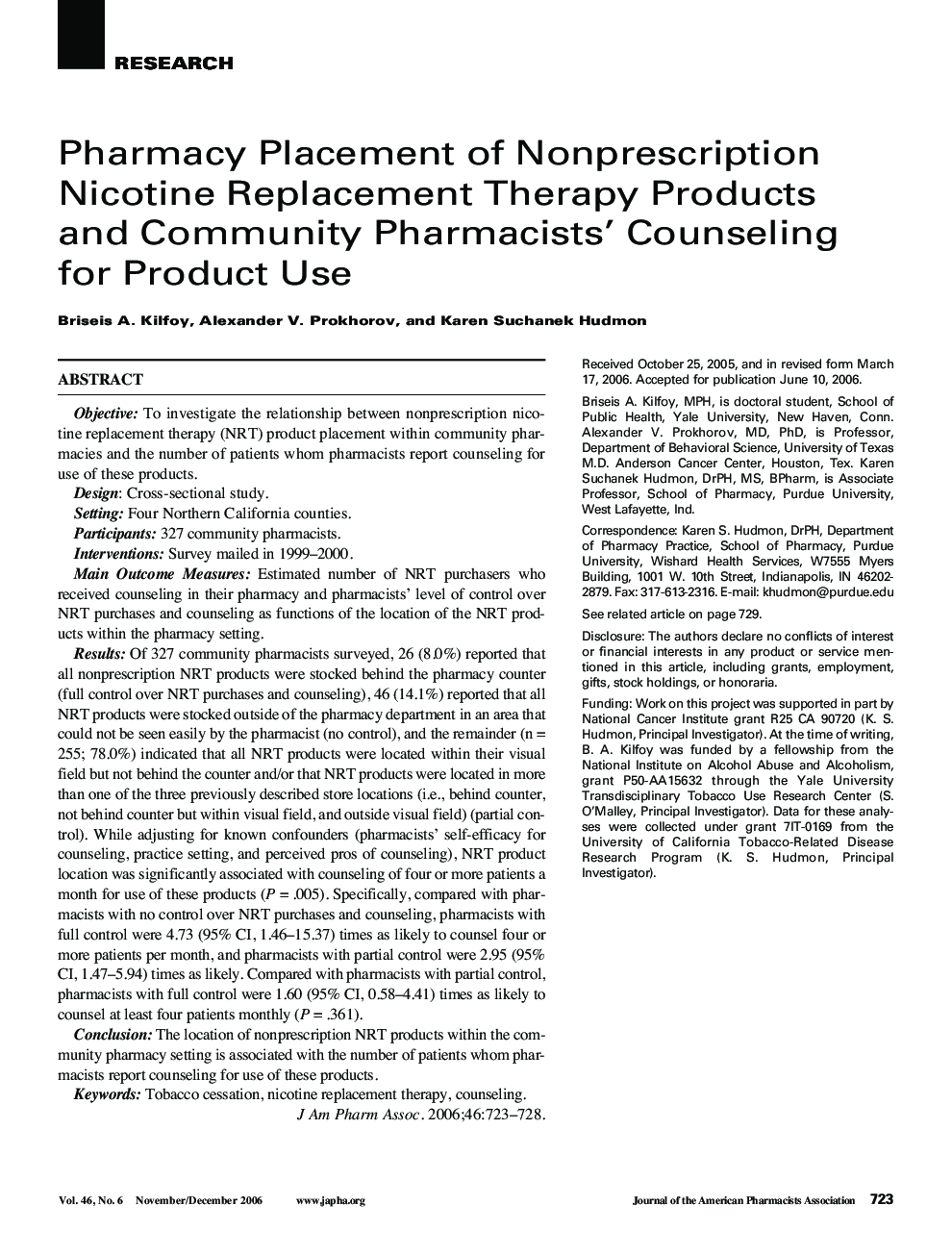 Pharmacy Placement of Nonprescription Nicotine Replacement Therapy Products and Community Pharmacists' Counseling for Product Use