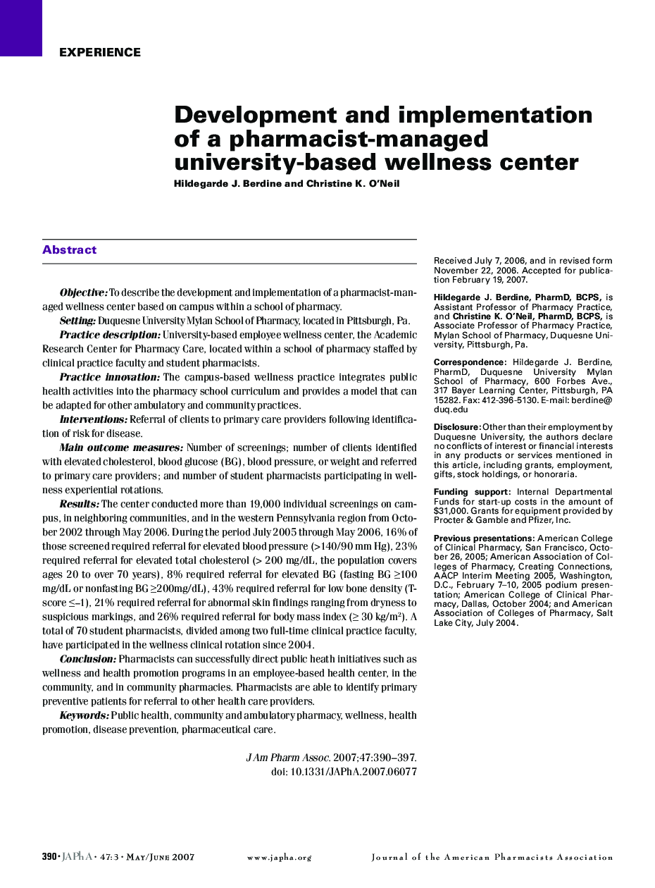 Development and implementation of a pharmacist-managed university-based wellness center
