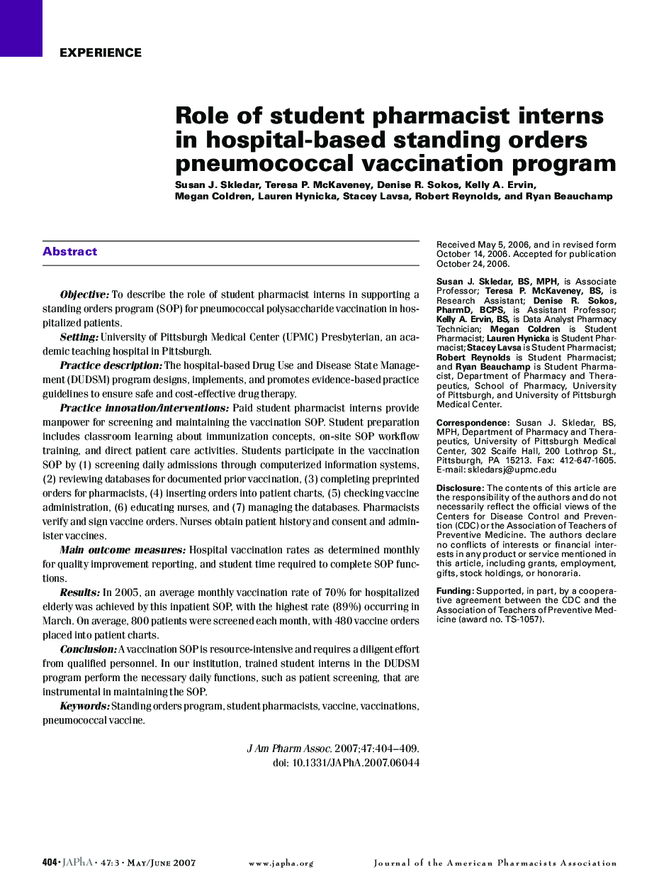 Role of student pharmacist interns in hospital-based standing orders pneumococcal vaccination program