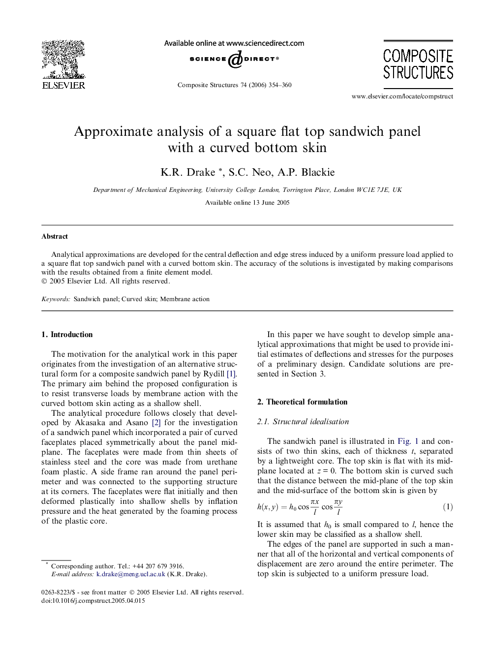 Approximate analysis of a square flat top sandwich panel with a curved bottom skin