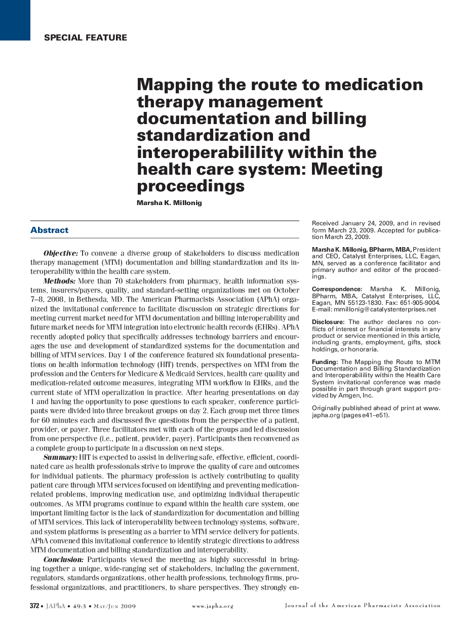 Mapping the route to medication therapy management documentation and billing standardization and interoperabilility within the health care system: Meeting proceedings