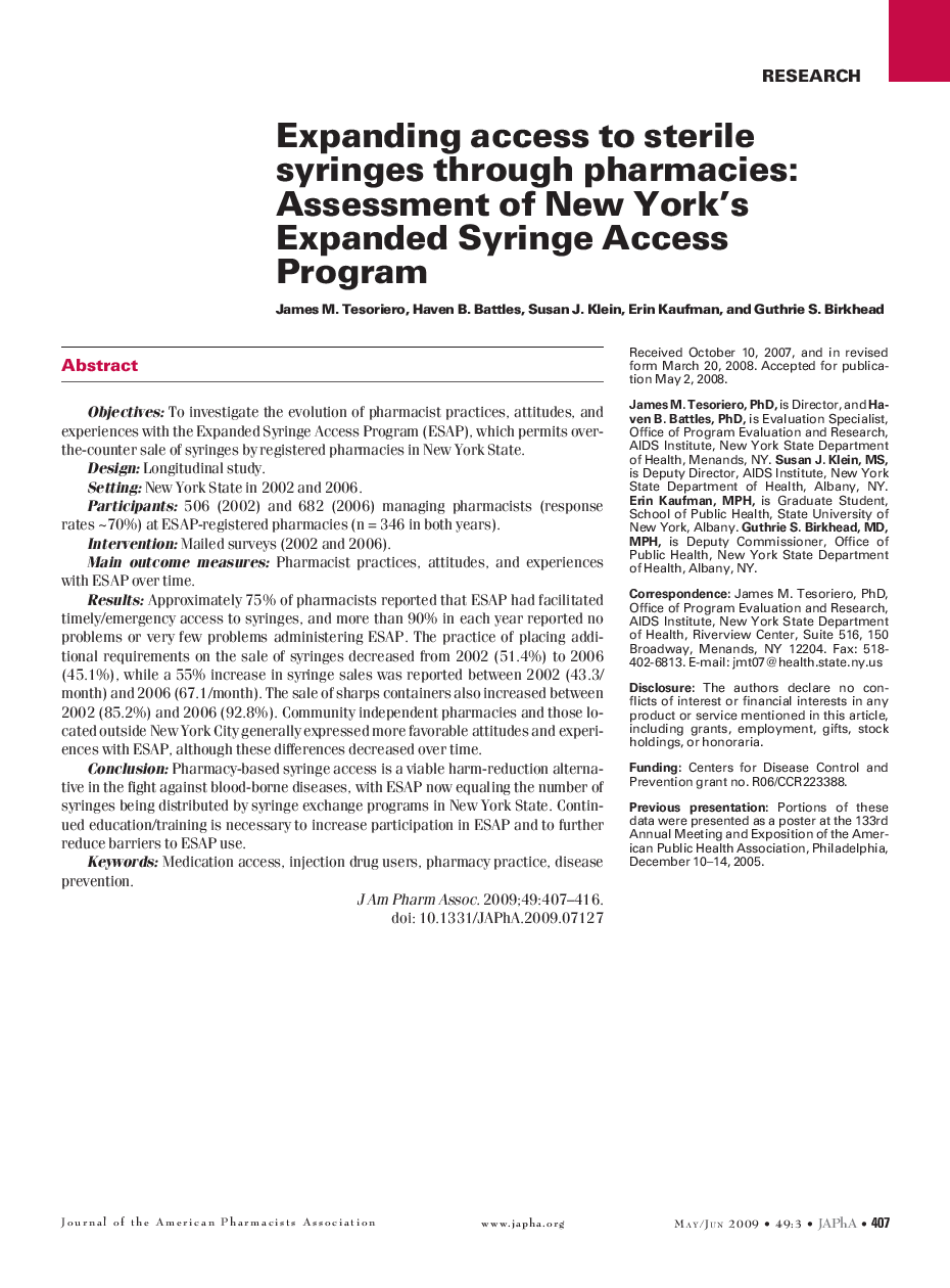 Expanding access to sterile syringes through pharmacies: Assessment of New York's Expanded Syringe Access Program