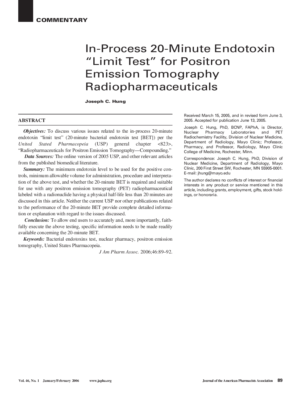 In-Process 20-Minute Endotoxin “Limit Test” for Positron Emission Tomography Radiopharmaceuticals