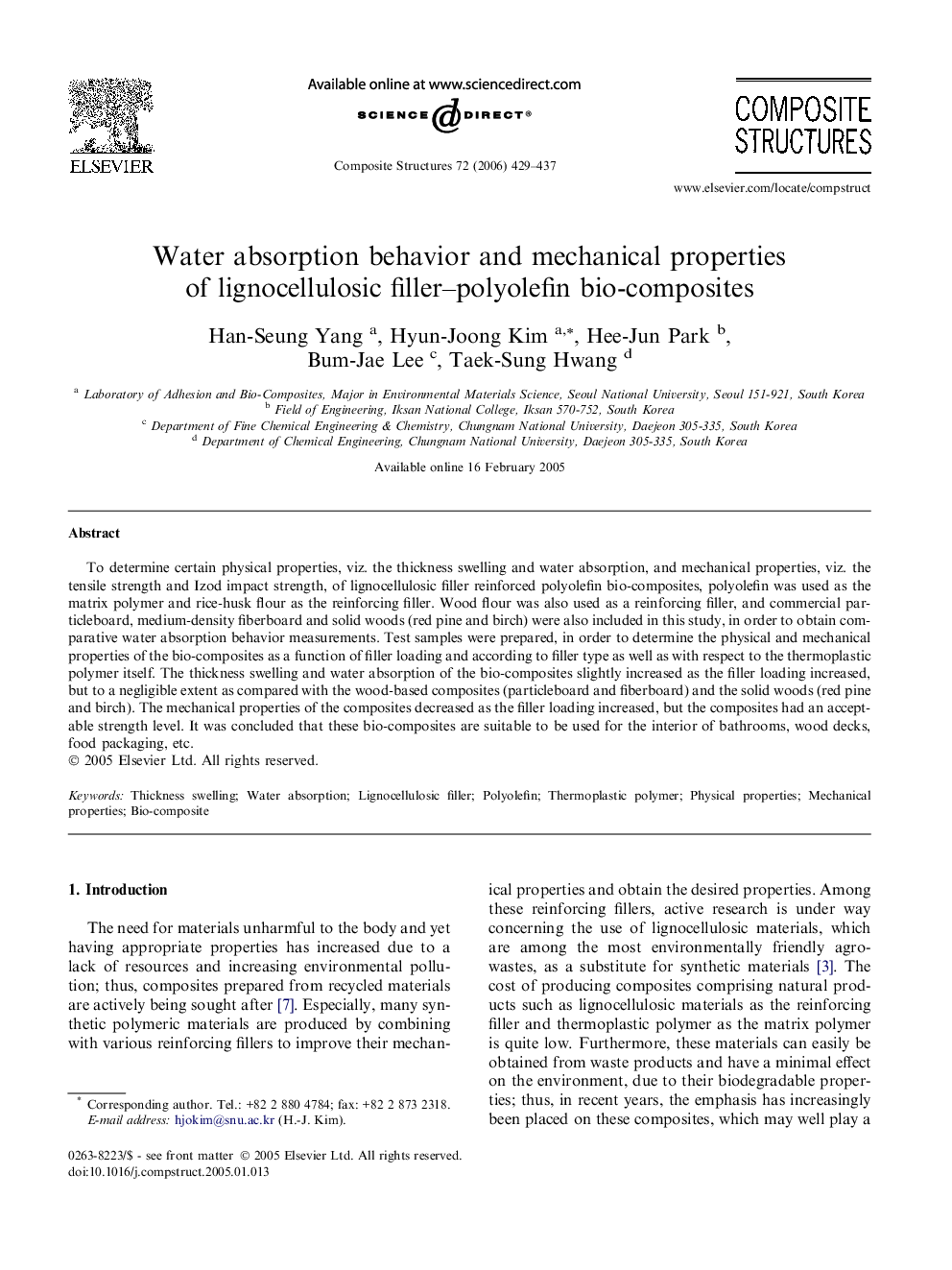 Water absorption behavior and mechanical properties of lignocellulosic filler–polyolefin bio-composites