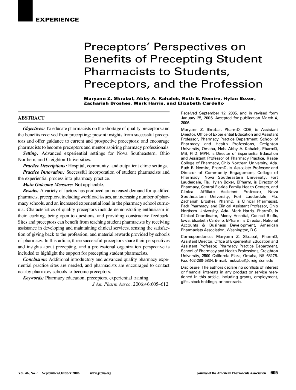 Preceptors' Perspectives on Benefits of Precepting Student Pharmacists to Students, Preceptors, and the Profession