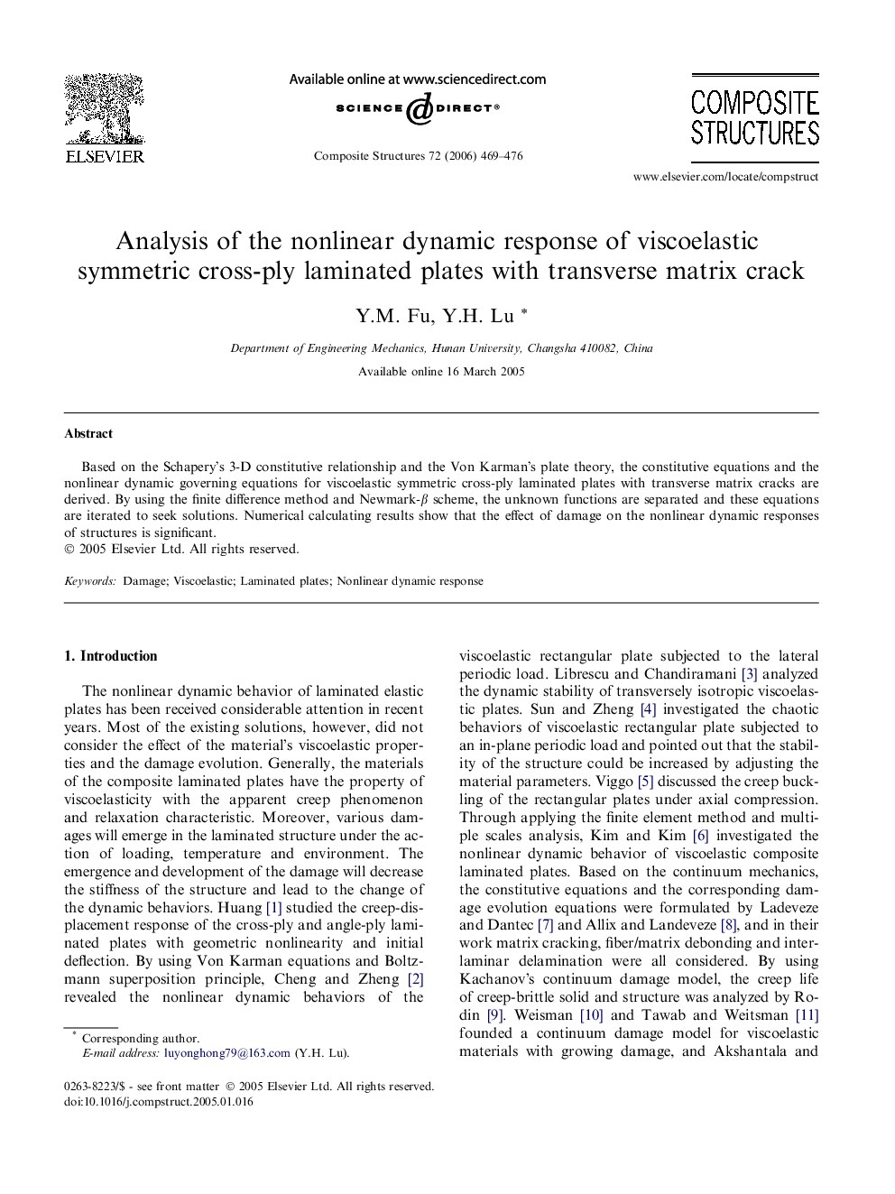 Analysis of the nonlinear dynamic response of viscoelastic symmetric cross-ply laminated plates with transverse matrix crack