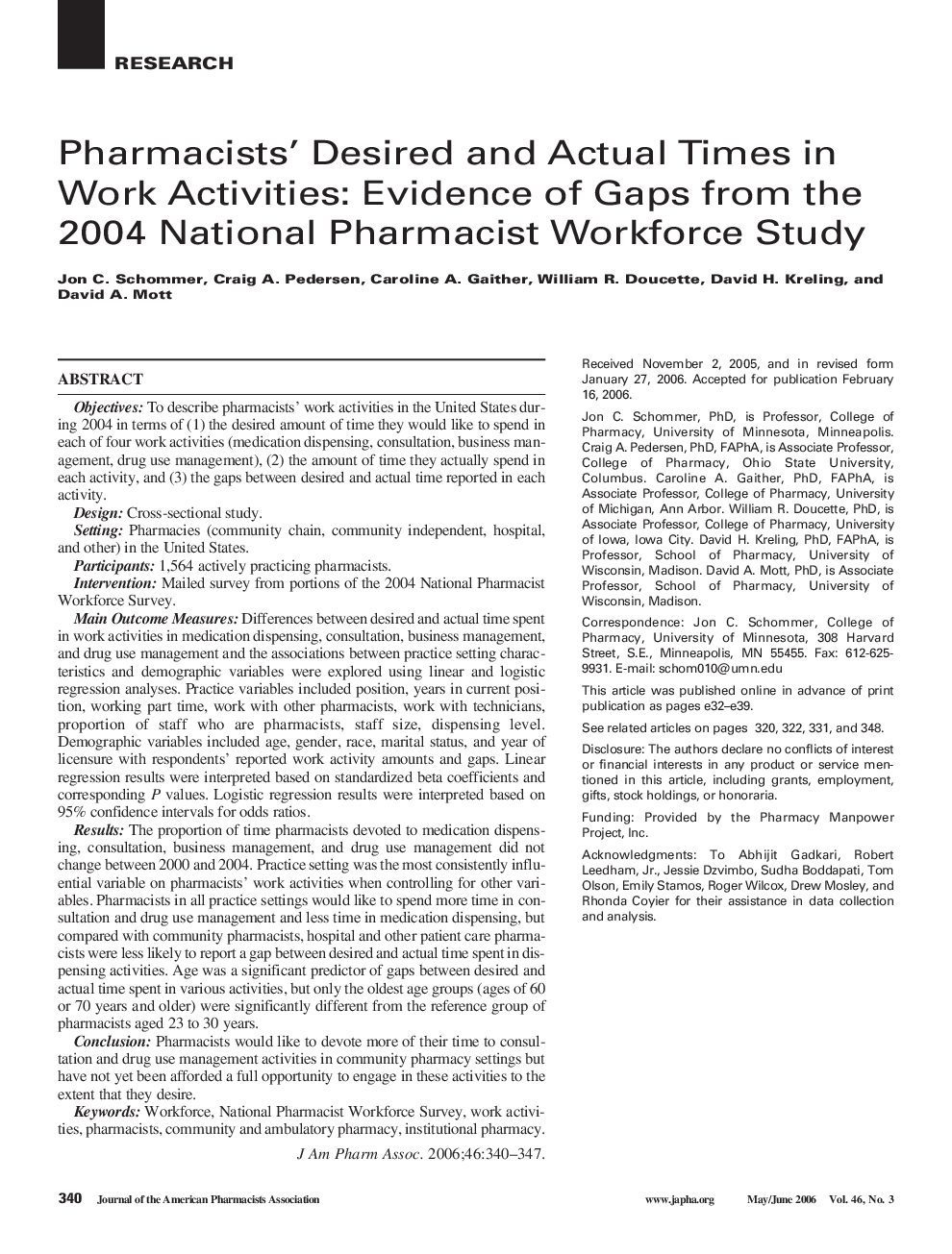 Pharmacists' Desired and Actual Times in Work Activities: Evidence of Gaps from the 2004 National Pharmacist Workforce Study