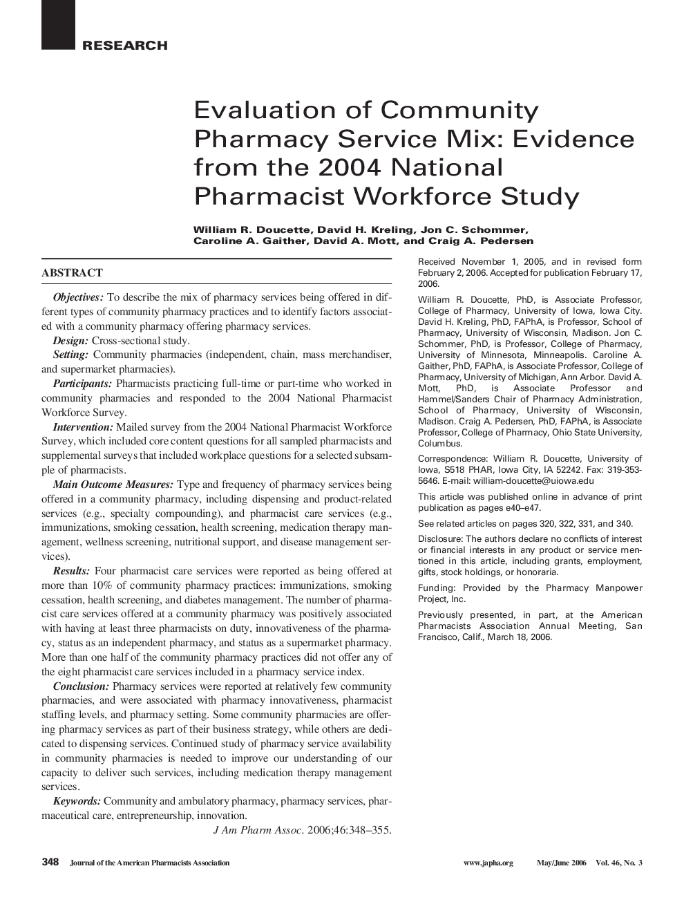 Evaluation of Community Pharmacy Service Mix: Evidence from the 2004 National Pharmacist Workforce Study
