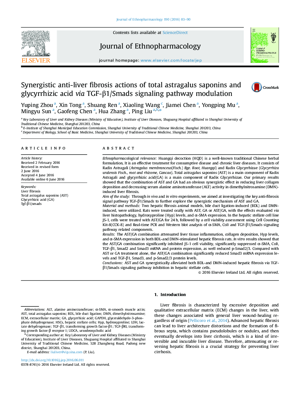 Synergistic anti-liver fibrosis actions of total astragalus saponins and glycyrrhizic acid via TGF-β1/Smads signaling pathway modulation